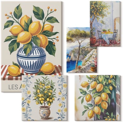 Wallfluent Set van canvas schilderijen - Citrusinspiraties in mediterrane stijl Canvas Schilderijen Set - Set van 5 Canvas Schilderijen - Geel Set van Canvas Prints - Natuur Canvas Kunst Set - Boheemse Canvas Kunst Set