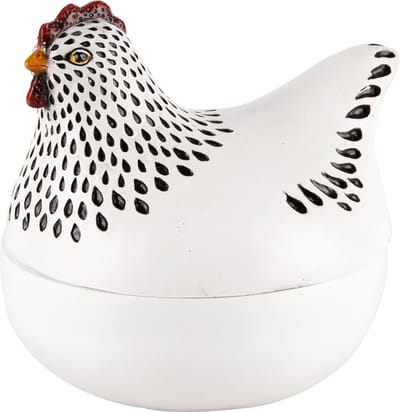 Dekoratief | Kip pot m/deksel, wit/zwart, resina, 14x13x14cm | A240349