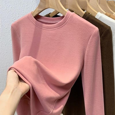 T-shirt de base en velours allemand double face pour femmes, automne et hiver, basique à col rond, brossé, manches longues, chaud, intérieur, élastique 3XL