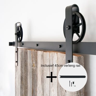 Barnwood Spaakwiel Industrieel schuifdeursysteem 2 meter-staal inclusief 45cm extra verleng rail (Set 245cm)