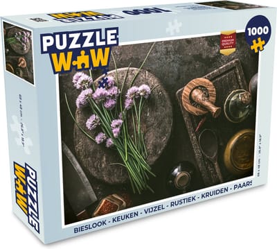 Puzzel Bieslook - Keuken - Vijzel - Rustiek - Kruiden - Paars - Legpuzzel - Puzzel 1000 stukjes volwassenen