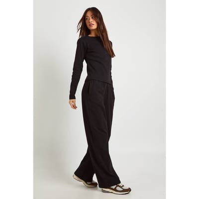 boohoo Dames Lang Katoenen Doorknoop Top Met Ronde Hals & Broek Coordinatenset | Zwart | Maat: 34