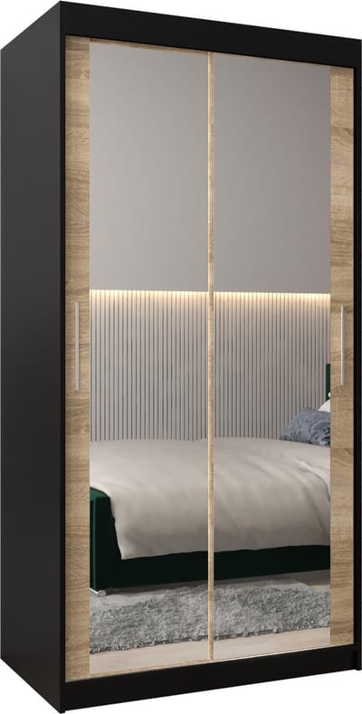 InspireMe - Kledingkast met 2 schuifdeuren, Modern-stijl, Kledingkast met planken (BxHxD): 100x200x62 - TORM III 100 Zwart Mat + Sonoma Eik