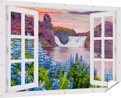 Gards Tuinposter Doorkijk Waterval met Blauwe Lupine Bloemen - 180x120 cm - Tuindoek - Tuindecoratie - Wanddecoratie buiten - Tuinschilderij