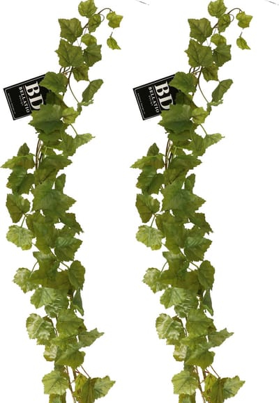 Bellatio Design kunstplant/hangplant slinger - 2x - Druivenblad/Vitaceae - groen - 180 cm lang - planten guirlandes