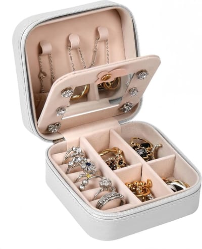 Mini Reiskosmetiekoffer van PU Leer met Dubbele Laag en Spiegel voor Sieraden, Ringen, Oorbellen en Kettingen - Wit