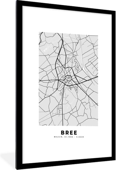 Fotolijst incl. Poster Zwart Wit- Stadskaart – Plattegrond – België – Zwart Wit – Bree – Kaart - 60x90 cm - Posterlijst