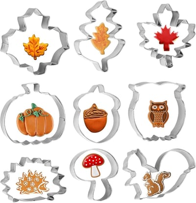 Herfstkoekjesvormpjes - Thanksgiving Day koekjesvormpje - Bladeren koekjesvormpje - Roestvrijstalen DIY koekjesvormpje - met esdoornblad, eikenblad, eekhoorn, eikel, egel, pompoen - voor koekjesfondant - 9 stuks