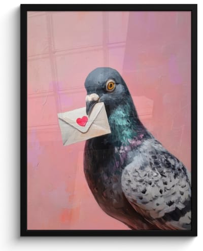Poster in lijst - Fotolijst 50x70 cm - Posters - Duif - Envelop - Roze - Close up - Posterlijst zwart - Decoratie - Wanddecoratie woonkamer - Muurdecoratie slaapkamer