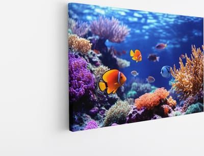 Saammp Canvas Schilderij - Vissen - Koraal - Landschap - Natuur - 45x30 - Foto op canvas - Wanddecoratie - Muurdecoratie Woonkamer - Slaapkamer decoratie - Canvas Print