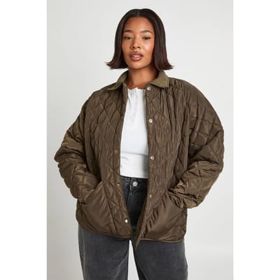 boohoo Dames Plus Gewatteerde Casual Jas met Contrastkraag | Khaki | Maat: 16