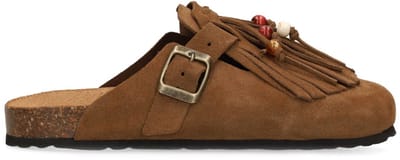 Manfield - Dames - Bruine suède clogs met franjes - Maat 38