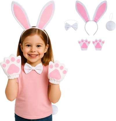 Joya Kids® Konijn Verkleed Accessoires | Verkleedset Bunny | Meisjes en Jongens en Volwassenen Verkleedpak Haas | Carnaval en Halloween Outfit kinderen en volwassen | Haarband met Oren, Staart, Pootjes en Strik | Wit Konijn