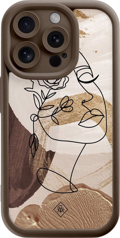 Casimoda® hoesje - Geschikt voor iPhone 14 Pro - Abstract Gezicht Bruin - Effen telefoonhoesje met lensbescherming - Siliconen/TPU - Backcover - Bruin/beige