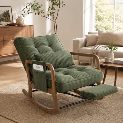 Schommelstoel - Relaxstoel - Babykamer - Fauteuil - Ergonomisch - Verstelbare rugleuning - Met zijzakken - Met voetpedaal - Met lendensteun - Houten stoelpoten - Modern design - Stof - Groen
