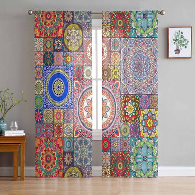 Etnische Stijl Geometrisch Egyptisch Morris Patroon Tule Raamgordijnen voor Slaapkamer Luxe Draperieën in Woonkamer Chiffon Panelen 135W x 114H(cm) blue