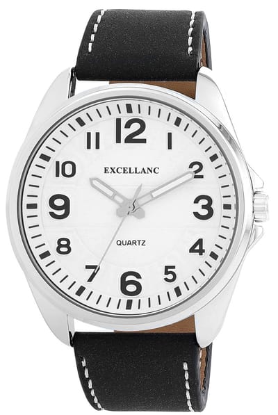 Excellanc-Herenhorloge-model 2900283-001-groot model diameter 46 mm-duidelijke wijzerplaat 3 atm waterdicht-zwarte band-witte wijzerplaat