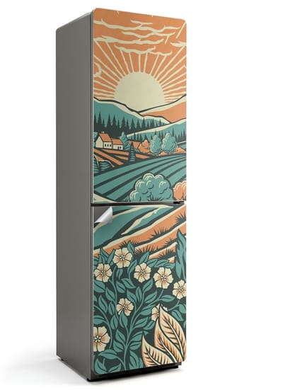 Wallfluent Koelkaststickers - Illustratie van een zonsopgang in de weide Koelkast Folie - 60 cm x 205 cm - Oranje Koelkaststickers - Waterdichte Koelkast Sticker - Stijlvolle Koelkast Stickers - Koelkast Decoratie Stickers - Koelkast Cover