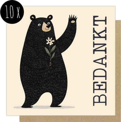 10x Bedankkaartjes / Bedankt kaarten | BEDANKT | 13,5 x 13,5 cm | beer met bloem | met kraft enveloppen