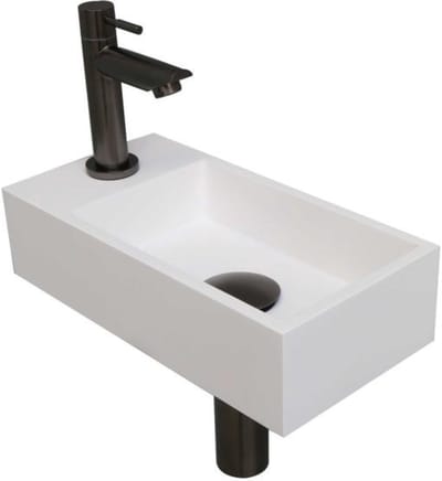INK - Fonteinpack Polystone Links incl. Fonteinkraan - Design Sifon - Design Plug en Montageset - 360x180x90 Mm - Mat Wit/metal Black