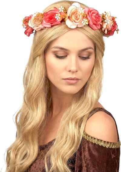 Bloemenkrans Volwassenen - Bloemen Hoofdband - Feestelijk Accessoire - Met Lint Bevestiging - 26.6 x 25.3 cm - Roze Wit