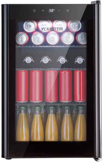 Klarstein Mini koelkast - Glazen deur - LED Verlichting - 3 Planken - 70 liter - Binnen/Buiten - 0-10°C - Zwart - Compact - Touch - Mini Fridge Kleine Koelkast Hotelkoelkast Drankkoeler Compact Koelkast