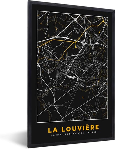 Fotolijst incl. Poster - La Louvière - Kaart - Plattegrond - Goud - Stadskaart - 40x60 cm - Posterlijst