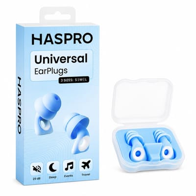 Haspro Herbruikbare Siliconen Oordoppen – SNR 29 dB – Oordoppen voor Slapen, Reizen & Werken – Inclusief S/M/L Tips & Opbergcase – Blauw