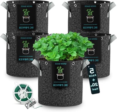 Power Plant zak 12L met 5 stuks stoffen potten, 20 meter plantdraad, diameter 25 cm, hoogte 25 cm - 350 g/m² scheurbestendig non-woven materiaal, verhoogde opbrengst voor kruiden en groenten