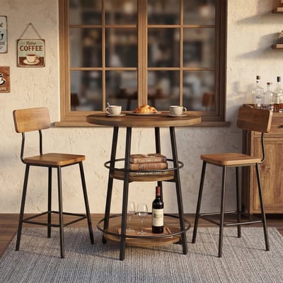 QUESTYR Ronde Bartafel – 3‑Laags – 90 cm Hoog – Industrieel Hout & Metaal – Bistrotafel met Opbergruimte