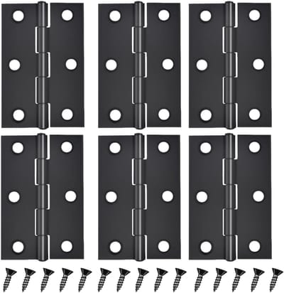 Oneay Set van 6 zwarte deurscharnieren (6,35 cm), scharnieren voor kastdeuren, meubelscharnieren, geschikt voor deuren, ramen, houten kisten, enz., inclusief schroeven.