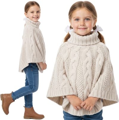 Beige poncho voor meisjes, coltrui – warme, gebreide winterkleding