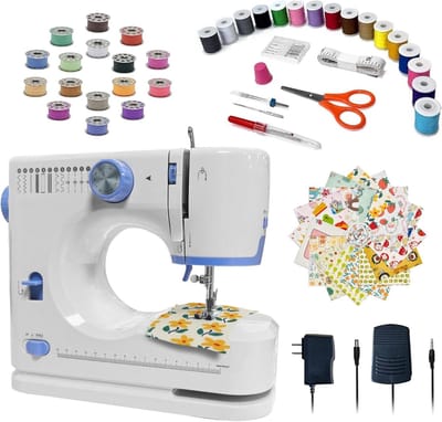 Naaimachine voor beginners met 20 stofdelen en 32 stuks naaigaren, draagbare naaimachine met 12 geïntegreerde steken, 2 snelheden (blauw)