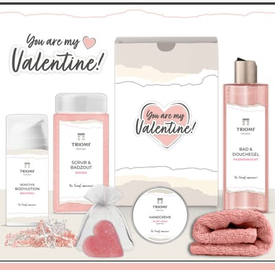 Geschenkset “You Are My Valentine!” - 6 producten - 1110 gram - Triomf Cosmetica | Giftset voor haar Speciaal voor jou Luxe wellness cadeaubox Cadeau vrouw Set Valentijnsdag Geschenk verjaardag Cadeaupakket Vriendin Zus Moeder Roze Zalmroze