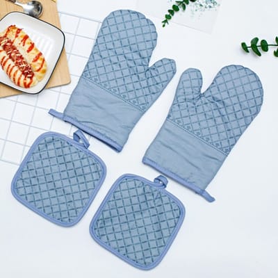 Ovenwanten en ovenhandschoenen set, hittebestendige keukenhandschoenen, antislip siliconen oppervlak, geschikt voor gebruik in de keuken, koken, bakken, grillen, blauw, 4-delige set.
