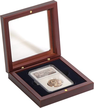 Munten Kist - Certificaat Houder - Verzamelen Opbergen - Glazen Deksel Venster - 12x12x3.4 cm - Mahonie