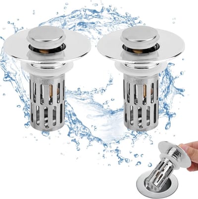 Pop Up Afvoerstopper Set van 2, Universele 3-in-1 Afvoerstopper met Verwijderbaar Filter, Geschikt voor 2.8–3.3cm Afvoeropeningen, Haarvanger en Afvoerzeef voor Wastafels en Vloerafvoeren