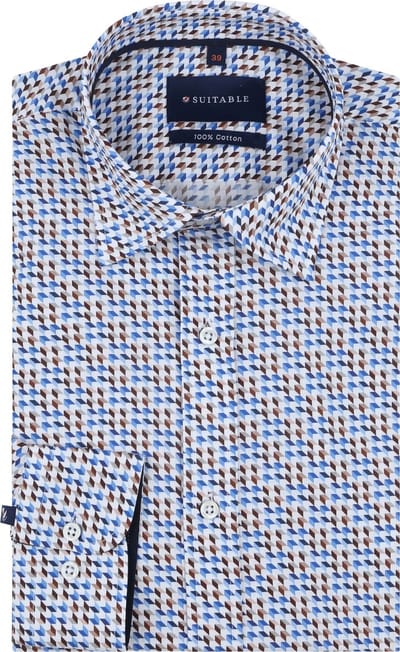 Suitable Overhemd Construct Print Blauw - Maat 39 - Heren - Overhemden Formeel
