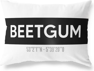 Tuinkussen BEETGUM - FRIESLAND met coördinaten - Buitenkussen - Bootkussen - Weerbestendig - Jouw Plaats - Studio216 - Modern - Zwart-Wit - 50x30cm