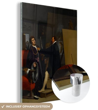 ® Glasschilderij 120x160 cm - Schilderij acrylglas - Aretino in the Studio of Tintoretto - Schilderij van Jean Auguste Dominique Ingres - Foto op glas - Muurdecoratie woonkamer - Wanddecoratie slaapkamer - Schilderijen