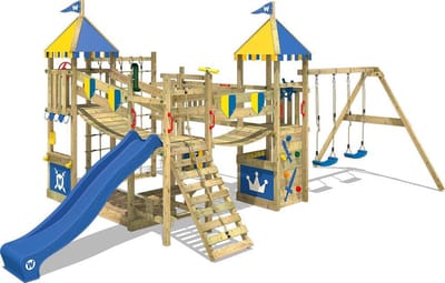 Wickey Smart Queen Speeltoestel - Dubbele schommel met Glijbaan en Wiebelbruggen - Klimnet & Picknicktafel - 418x728x321 cm - Blauw