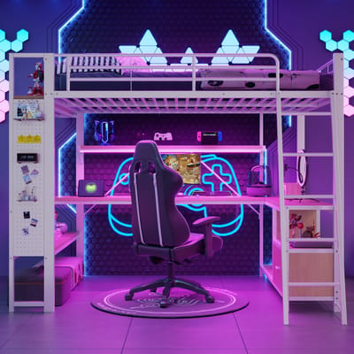 VVBV Kinderhoogslaper 140x200 cm met LED-Verlichting, USB - Bureau, Planken, Opbergruimte - Metaal Wit - Zonder Matras