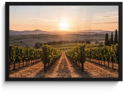 Poster in lijst - Fotolijst 60x40 cm - Posters - Wijngaard - Zonsondergang - Landschap - Posterlijst zwart - Decoratie - Wanddecoratie woonkamer - Muurdecoratie slaapkamer