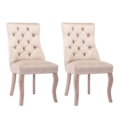 YEHTOKHOME Eetkamerstoelen Set van 2 - Velvet Eetkamerstoel met Hoge Rugleuning en Decoratie Knopen - Massief houten poten - Beige