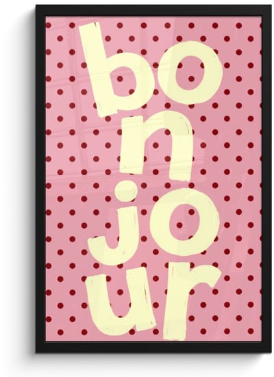 Poster in lijst - Fotolijst 40x60 cm - Posters - Bonjour - Stippen - Roze- Geel - Posterlijst zwart - Decoratie - Wanddecoratie woonkamer - Muurdecoratie slaapkamer