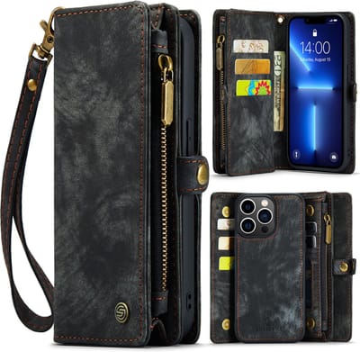 Geschikt Voor iPhone 13 Pro Hoesje - Solidenz Wallet Case 13 Pro - Telefoonhoesje 13 Pro - 13 Pro Case Met Pasjeshouder - Met Ritsvak - Met Polskoord - Portemonee Hoes - Zwart