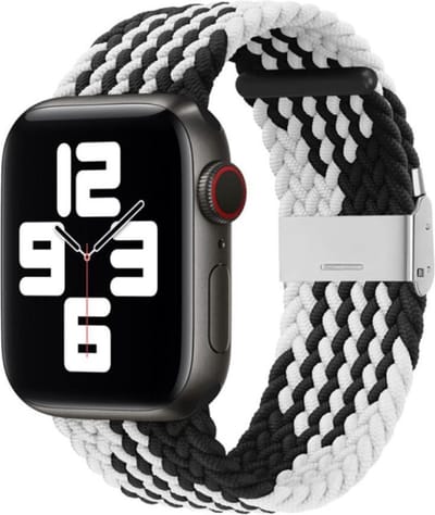 By Qubix - Geschikt voor Apple Watch bandje - Braided nylon bandje - Zwart met wit - Geschikt voor Apple Watch 44mm / 45mm / 46mm / 49mm (Ultra 1,2 en 3) - nylon - bandje iWatch