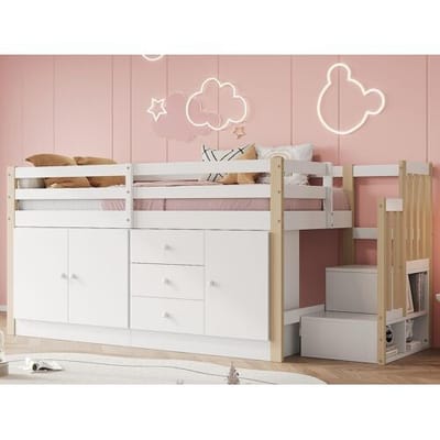 ModernLuxe Kinderhoogslaper 90x200 cm - met kasten en lades - Wit + Natuur