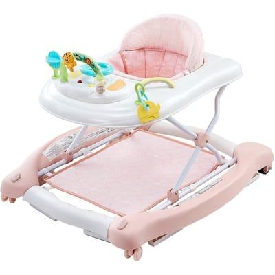 Déambulateur Bébé 5-en-1, Centre d'Activités Bébé Pliable sur Roues, Trotteur Basculeur Réglable en Hauteur avec Siège Confortable à Dossier Haut, Anti-Renversement