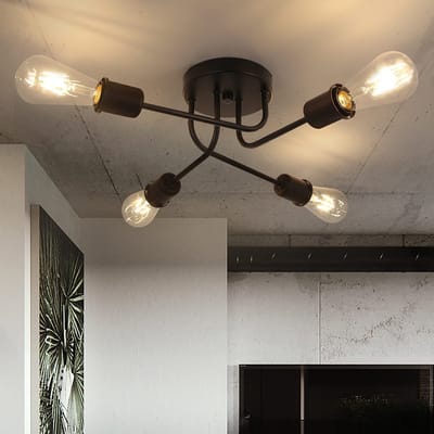 NETTLIFE Plafondlamp E27 - Zwart - 4-Lichts - Vintage Plafondverlichting - Metaal Woonkamerlamp - voor Keuken | Gang | Slaafkamer | Hal - Zonder Lichtborn - Max.25W